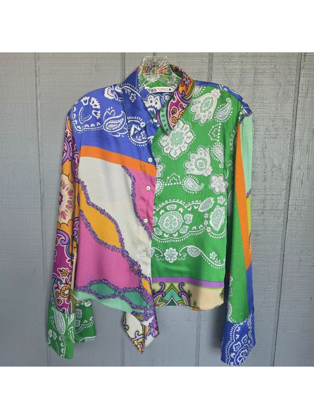 Zara Satin Patchwork Paisley Scarf Print Top Tie Front Multicolor Dopamine Sz. S